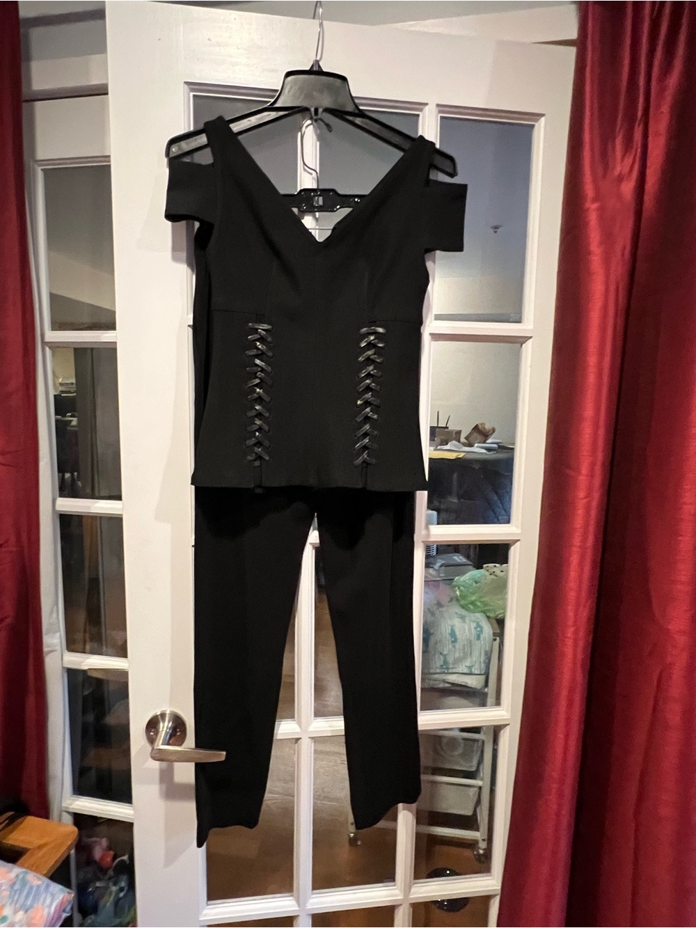 Yigal Azrouel Black Off-Shoulder Lace-Up top and Straight-Leg laced pants